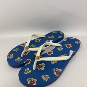 Tory Burch Rubber Thong Flip Flops Floral Print Sandal Blue Women's 7